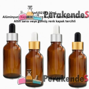 Cam Pipetli Damlalıklı Amber Renk Cam Şişe 20ml Kod: 3219