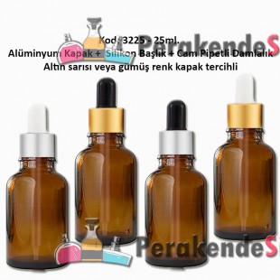 Cam Pipetli Damlalıklı Amber Renk Cam Şişe 25ml Kod: 3225