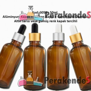 Cam Pipetli Damlalıklı Amber Renk Cam Şişe 50ml Kod: 3050