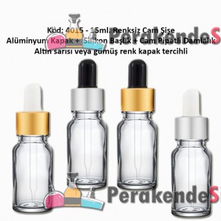 Cam Pipetli Damlalıklı Renksiz Cam Şişe 15ml Kod: 4015