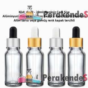 Cam Pipetli Damlalıklı Renksiz Cam Şişe 20ml Kod: 4020