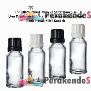 İçten Damlalıklı Tıpalı Renksiz Cam Şişe 20ml Kod: 4020