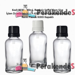 İçten Damlalıklı Tıpalı Renksiz Cam Şişe 30ml Kod: 4030