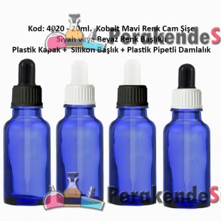 Kobalt Mavi Renk Plastik Pipetli Damlalıklı Cam Şişe 20ml Kod: 4020
