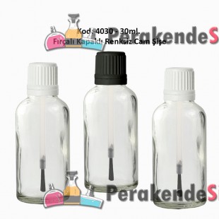 30ml. Renksiz Cam Şişe Fırçalı Kapaklı  Kod 4030