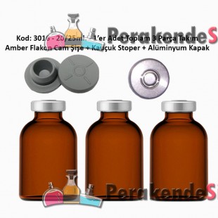 20/25ml. Flakon Amber Cam Şişe + Stoper + Alüminyum Kapsül Kapak