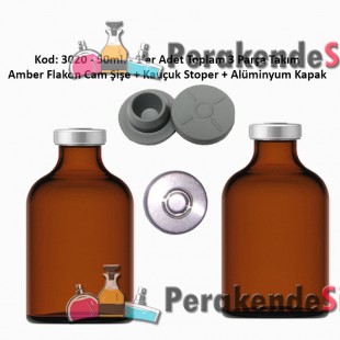 50ml. Flakon Amber Cam Şişe + Stoper + Alüminyum Kapsül Kapak