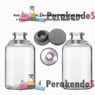 50ml. Borosilikat Renksiz Cam Şişe + Stoper + Alüminyum Kapsül Kapak