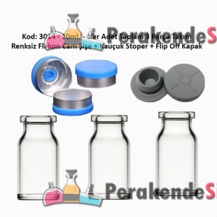 8/10ml. Flakon Renksiz Cam Şişe + Stoper + Flip Off Kapak