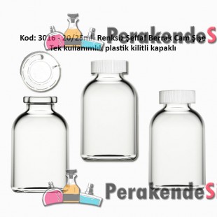  20ml. Kilitli Çakma Kapaklı Renksiz Flakon Cam Şişe Kod: 3016