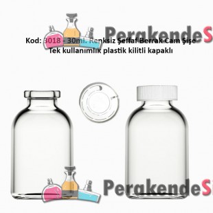 30ml. Kilitli Çakma Kapaklı Renksiz Flakon Cam Şişe Kod: 3018