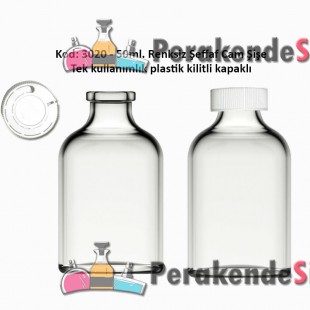 50ml. Kilitli Çakma Kapaklı Renksiz Flakon Cam Şişe Kod: 3020 