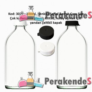 100ml. Kilitsiz Çakma Kapaklı Renksiz Flakon Cam Şişe Kod: 3022 