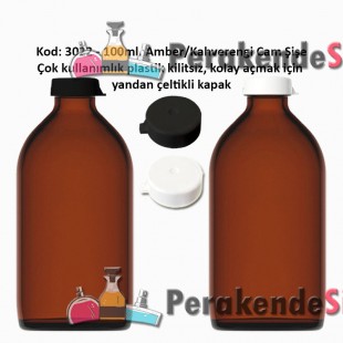 100ml. Kilitsiz Çakma Kapaklı Amber Flakon Şişe Kod: 3022 