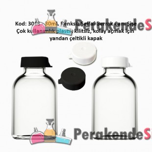 30ml. Kilitsiz Çakma Kapaklı Renksiz Flakon Cam Şişe Kod: 3018