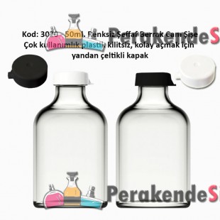 50ml. Kilitsiz Çakma Kapaklı Renksiz Flakon Cam Şişe Kod: 3020 