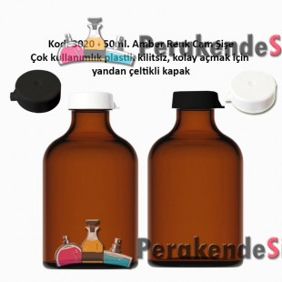 50ml. Kilitsiz Çakma Kapaklı Amber Flakon Şişe Kod: 3020 