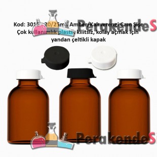 20ml. Kilitsiz Çakma Kapaklı Amber Flakon Şişe Kod: 3016 