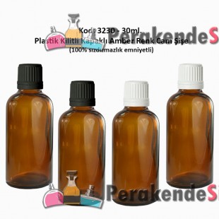 Kilitli Kapaklı Amber Cam Şişe 30ml Kod: 3230