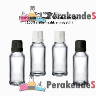 Kilitli Kapaklı Renksiz Cam Şişe 20ml Kod: 4020