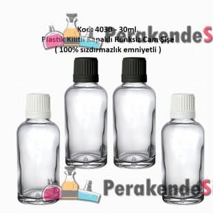 Kilitli Kapaklı Renksiz Cam Şişe 30ml Kod: 4030