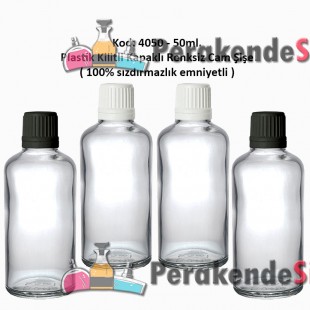 Kilitli Kapaklı Renksiz Cam Şişe 50ml Kod: 4050