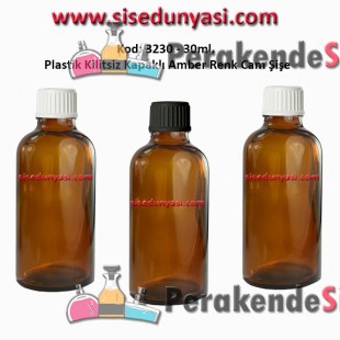 Kilitsiz Kapaklı Amber Cam Şişe 30ml Kod: 3230
