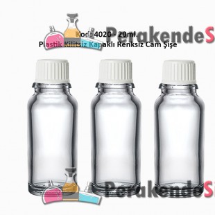 Kilitsiz Kapaklı Renksiz Cam Şişe 20ml Kod: 4020