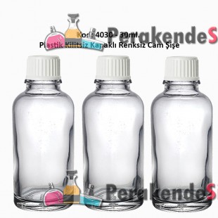 Kilitsiz Kapaklı Renksiz Cam Şişe 30ml Kod: 4030