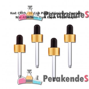 Cam Pipet + Mat Altın Sarısı Alüminyum Kapak + Siyah Silikon Başlıklı Damlalık Kod: CPAD-18
