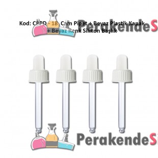 Cam Pipet + Beyaz Plastik Kapak + Beyaz Silikon Başlıklı Damlalık Kod: CPPD-18