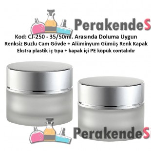 30-50 gr. Buzlu Cam Krem Kavanozu Gümüş Renk Alüminyum Kapaklı