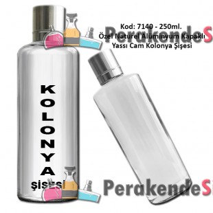 250 ml Yassı Cam Kolonya Şişesi Özel Metal Kapaklı Kod 7140